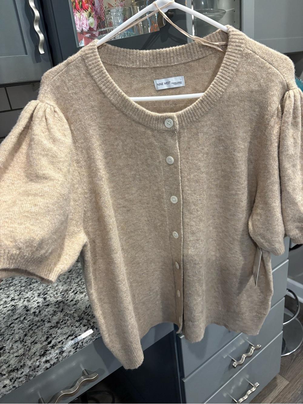 Nine West Cream Puff-Sleeve Button-Front Sweater